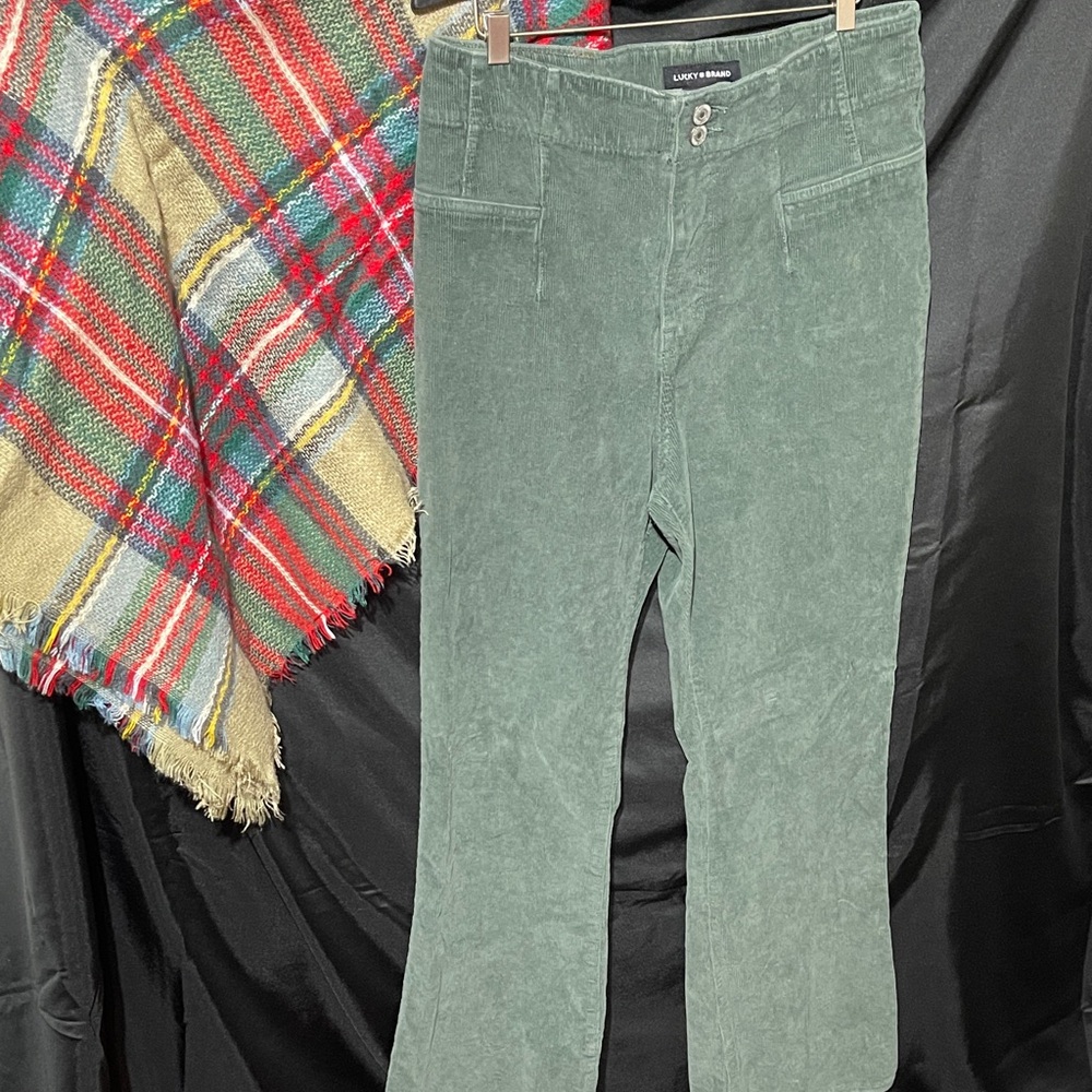 Lucky Brand Stevie High Rise Flare Olive Green Corduroy Trousers